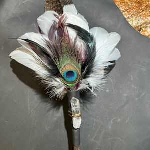 Handmade Sage Smudge Ceremonial Feather Wand Leather Crystal